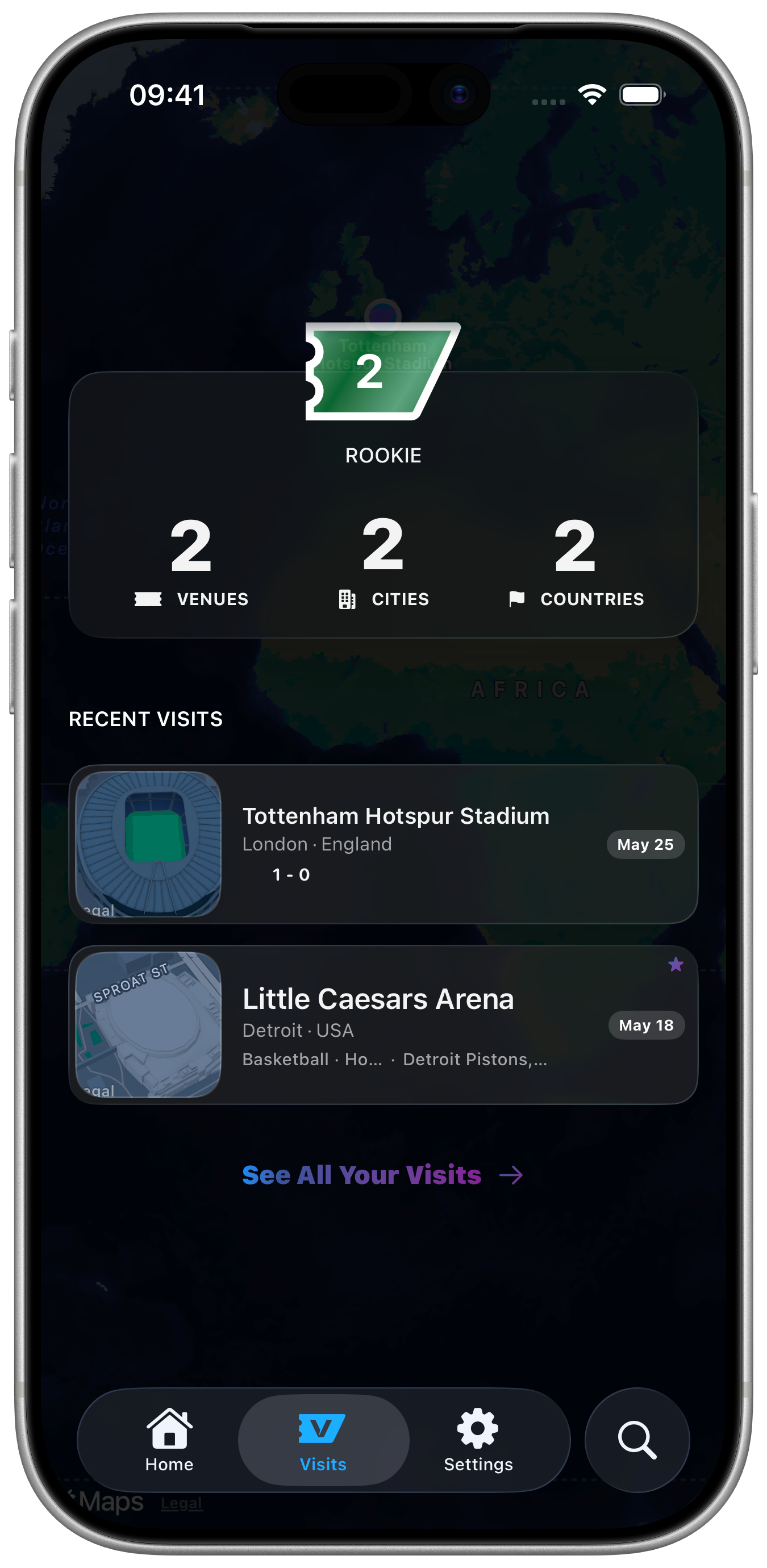 Visits venue detail screen with matched event information